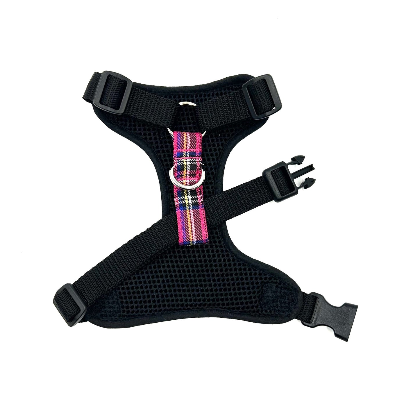 Black dog harness with plaid pattern on a white background
