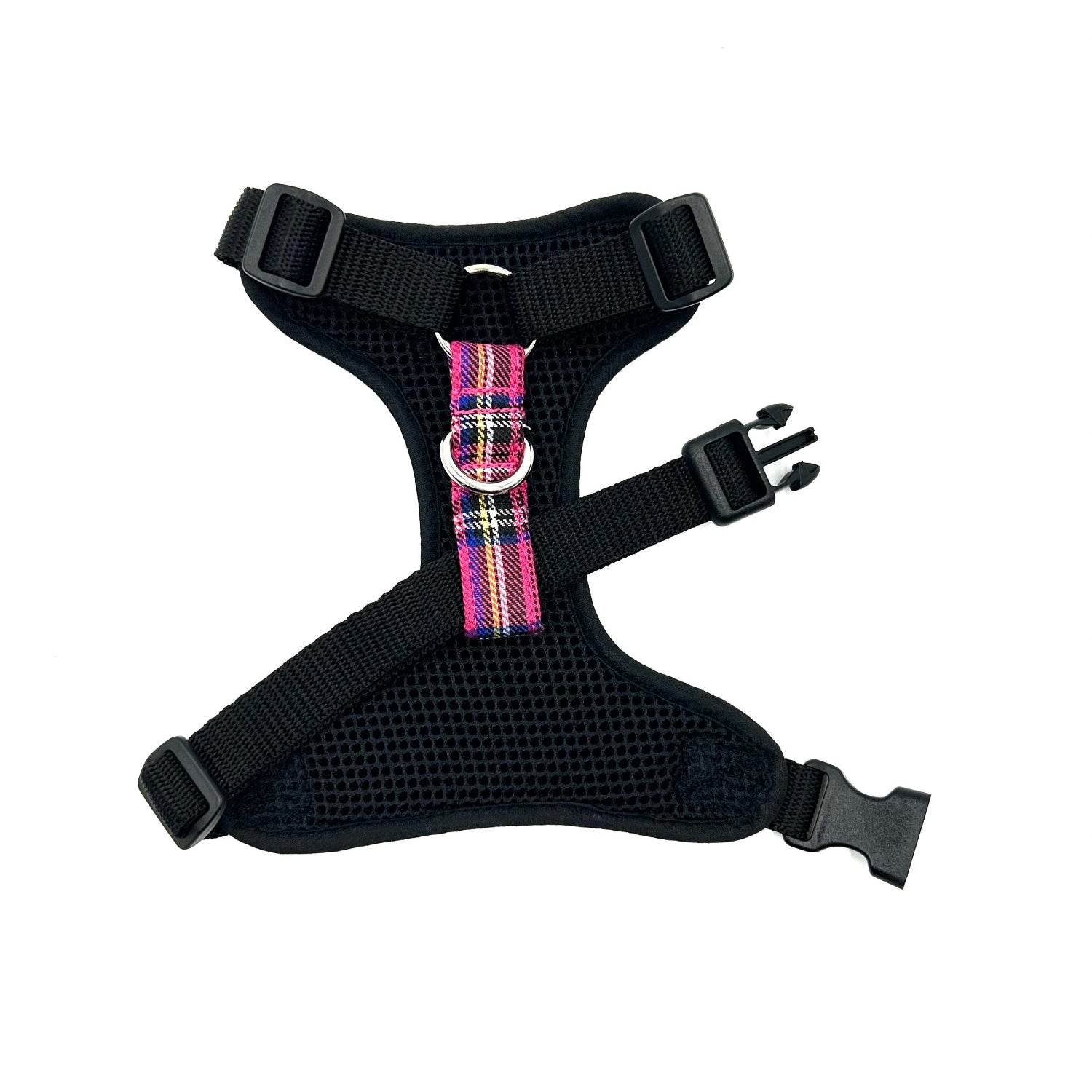Black dog harness with plaid pattern on a white background