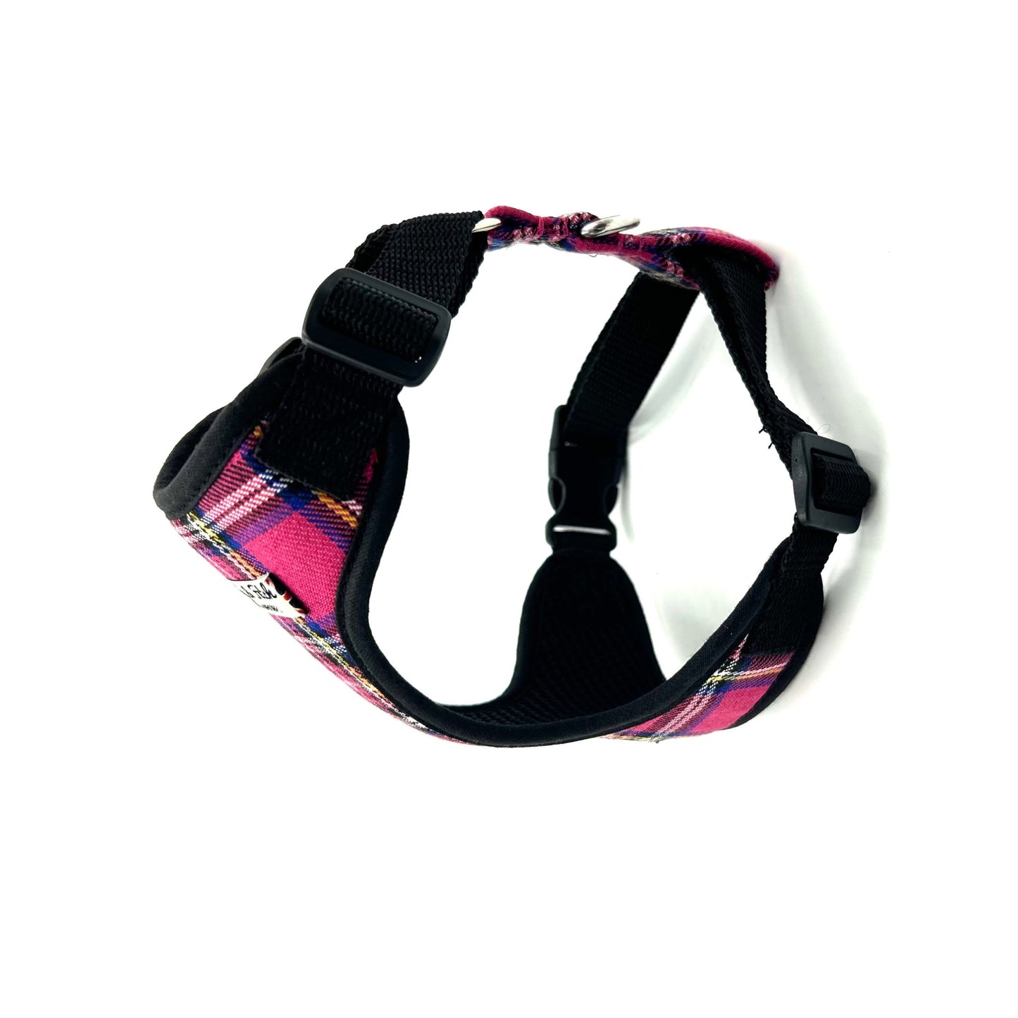Plaid patterned dog harness on a white background