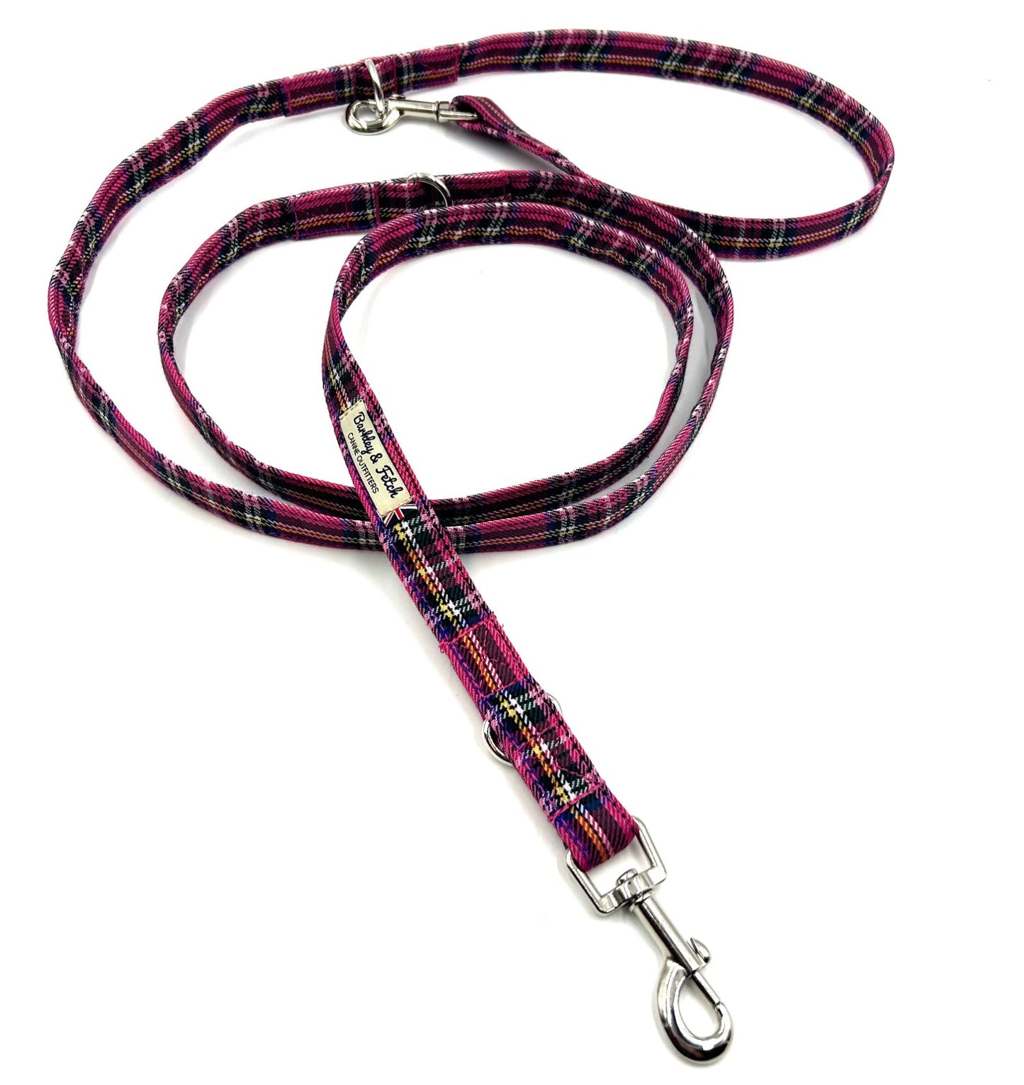 Plaid dog leash with metal clip on a white background