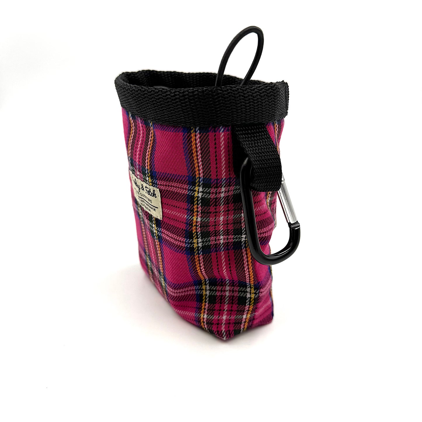 side view of a bright pink tartan handmade dog treat pouch on white background made in the Uk by Barkley and Fetch