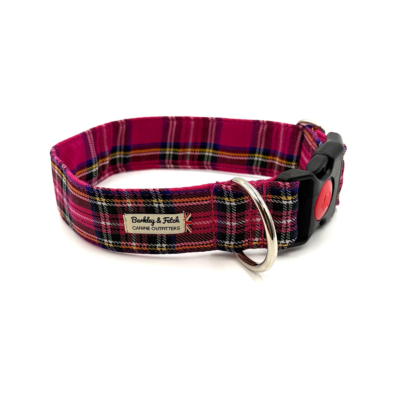 Plaid dog collar with a visible brand label on a white background