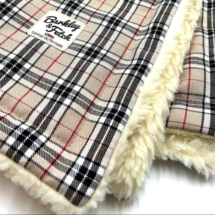 Plaid blanket with white fur border handmade by Barkley and Fetch of Great Britain