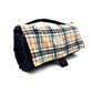 Plaid picnic blanket with black border and strap on a white background British handmade by Barkley and Fetch