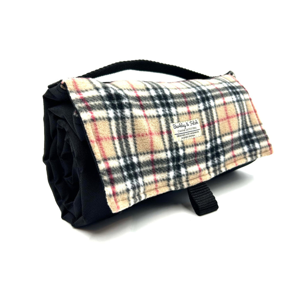 Plaid picnic blanket with black border and strap on a white background British handmade by Barkley and Fetch