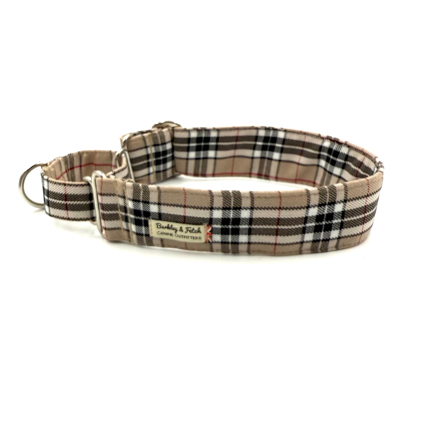 Plaid dog collar with visible barkley and fetch brand name on a white background