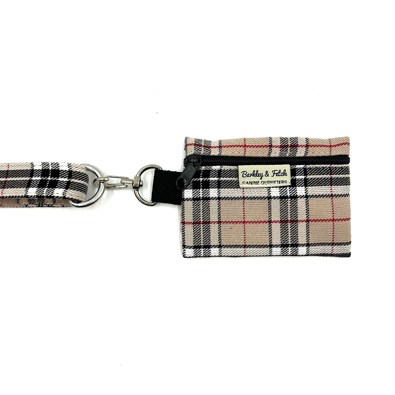 Plaid dog collar with attached pouch on a white background
