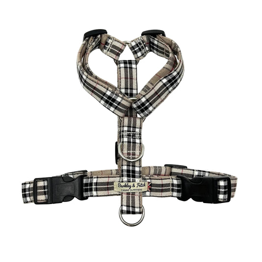 A caramel tartan strap harness for dogs displayed against a white background handmade by Barkley and fetch UK