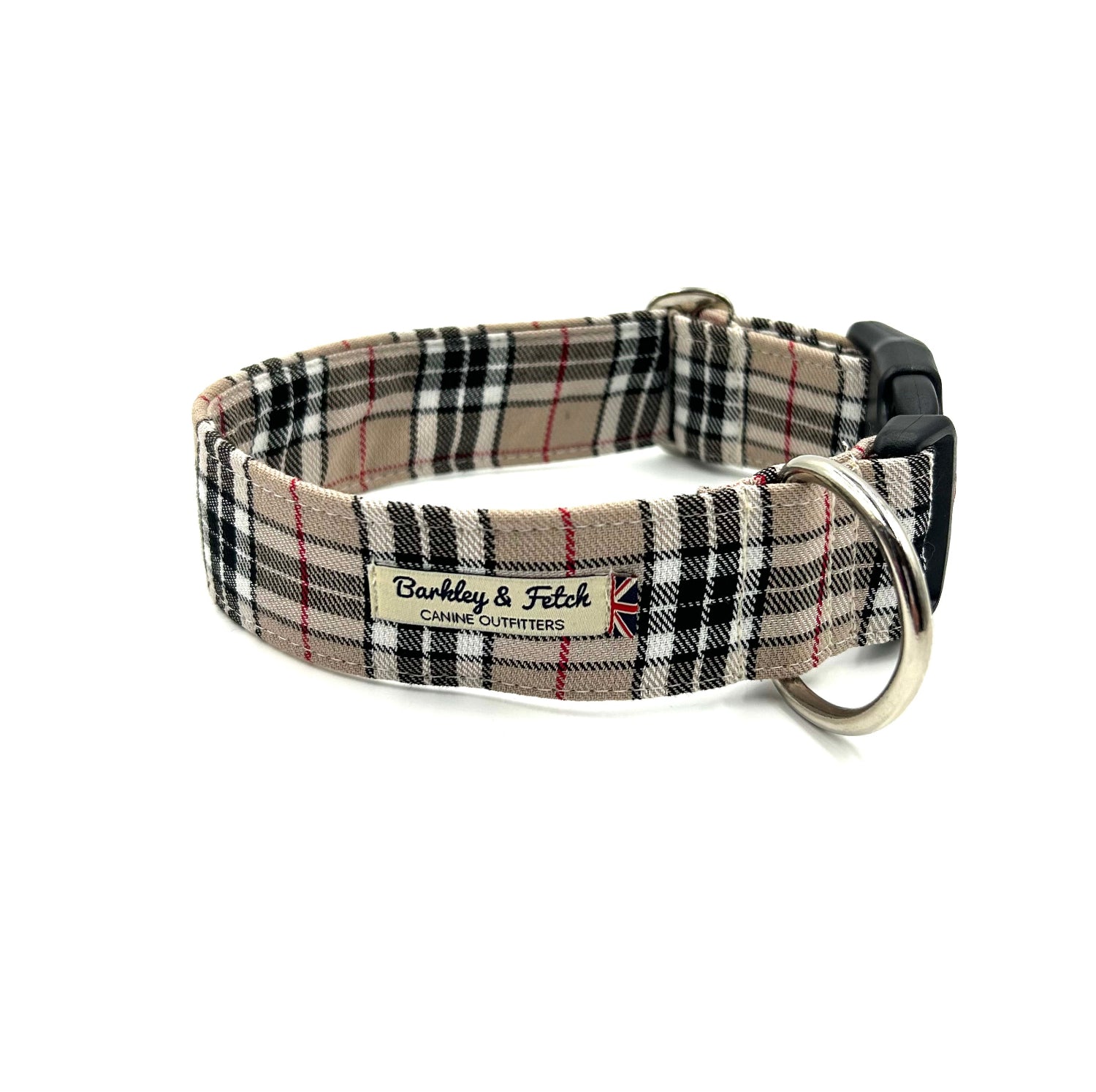 A wide dog collar with a plaid pattern, featuring a strong polyester webbing, secure clip fastening, and a heavy-duty d-ring.