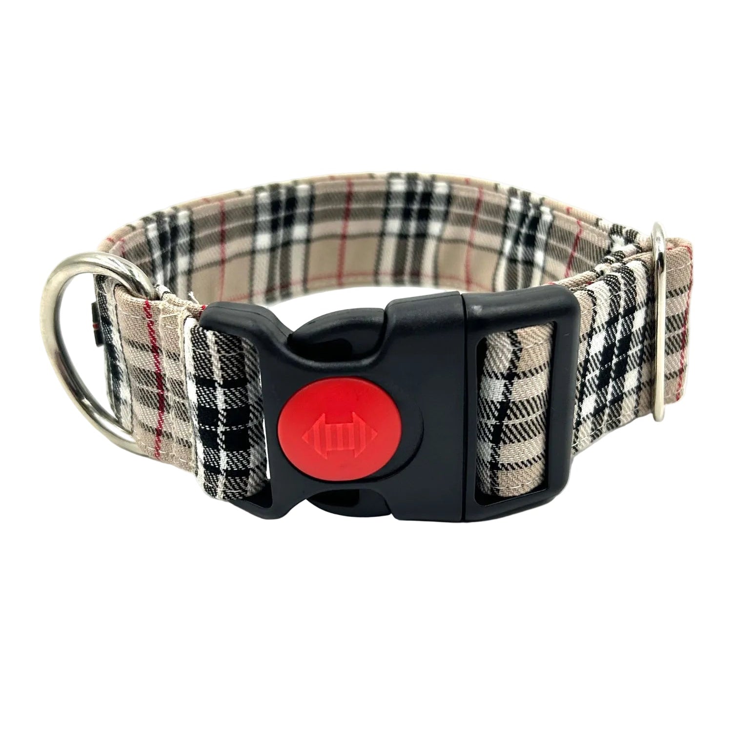 Plaid patterned dog collar with a red button on a white background handmade in the UK by Barkley And Fetch
