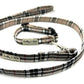 Plaid dog leash and collar set with 'Barkley & Fetch' branding on a white background