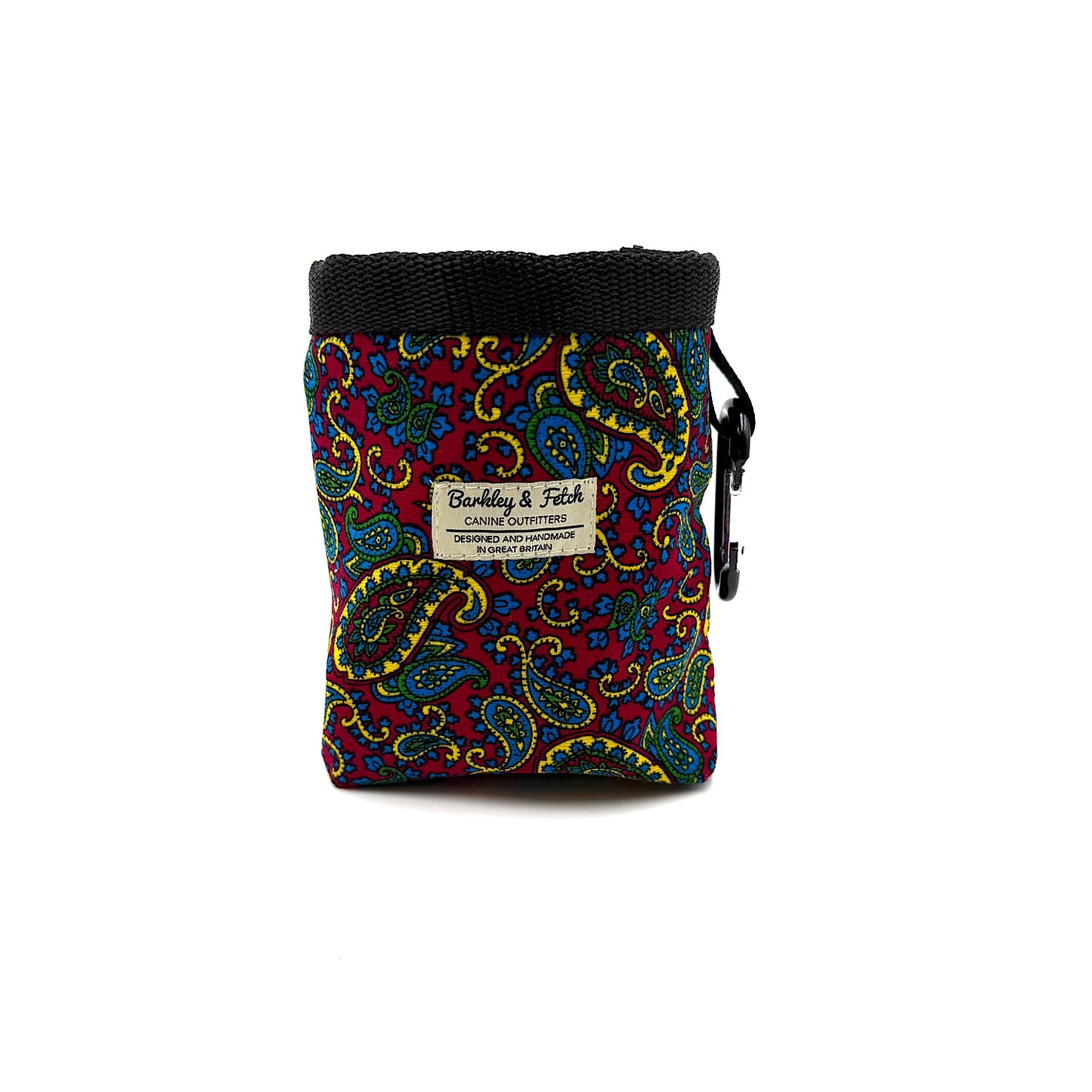 Colorful paisley-patterned pouch with a black top on a white background handmade by Barkley and Fetch UK