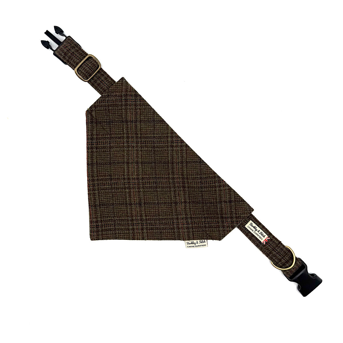 A brown and black plaid dog bandana with adjustable straps and hardware, shown on a plain white background. Handmade in Great Britain by Barkley and Fetch.