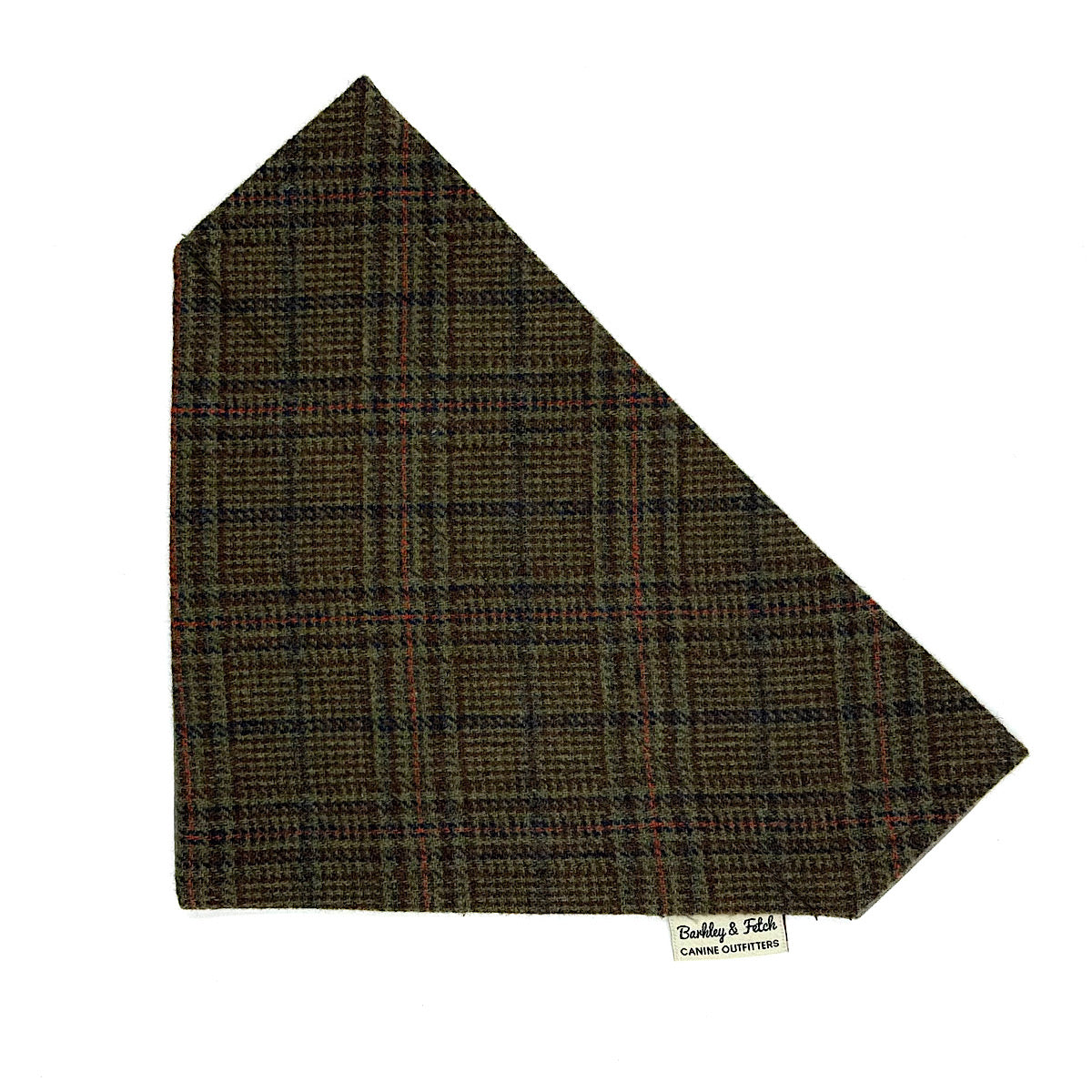 A folded plaid bandana in dark brown tweed with orange and blue intersecting lines, featuring a small white brand label at the bottom edge. Handmade in Great Britain by Barkley and Fetch.
