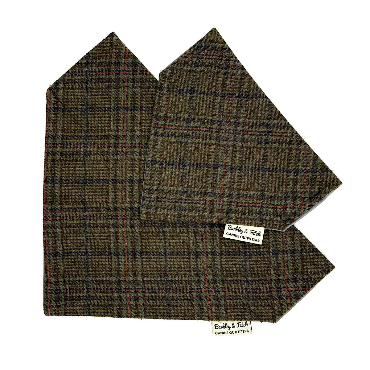 A pair of folded tweed dog bandanas in a brown, green, and orange plaid pattern, displayed on a clean white background. Each one features a small white brand label reading 'Barkley and Fetch Handmade in Great Britain by Barkley and Fetch.