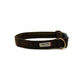 A brown and black plaid dog collar with a brass ring and black plastic buckle, featuring a 'Barkley and Fetch' brand label. Handmade in Great Britain by Barkley and Fetch.