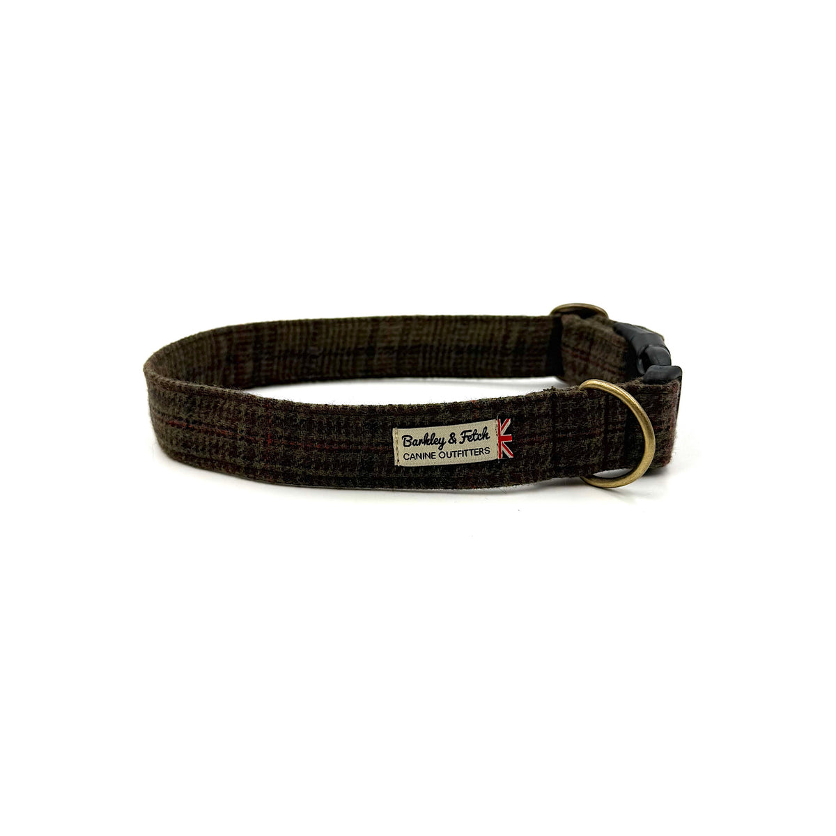 A brown and black plaid dog collar with a brass ring and black plastic buckle, featuring a 'Barkley and Fetch' brand label. Handmade in Great Britain by Barkley and Fetch.