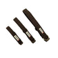 Three dark brown woven fabric dog collars of different sizes arranged diagonally on a white background, each with a brass ring and a brand label. Handmade in Great Britain by Barkley and Fetch.