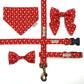 Red dog collar, leash, and bandana set with reindeer pattern on a white background handmade in uk by Barkley and Fetch