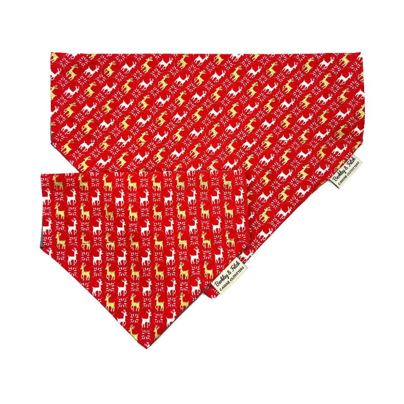 Red bandana with reindeer pattern on a white background handmade in uk by Barkley and Fetch
