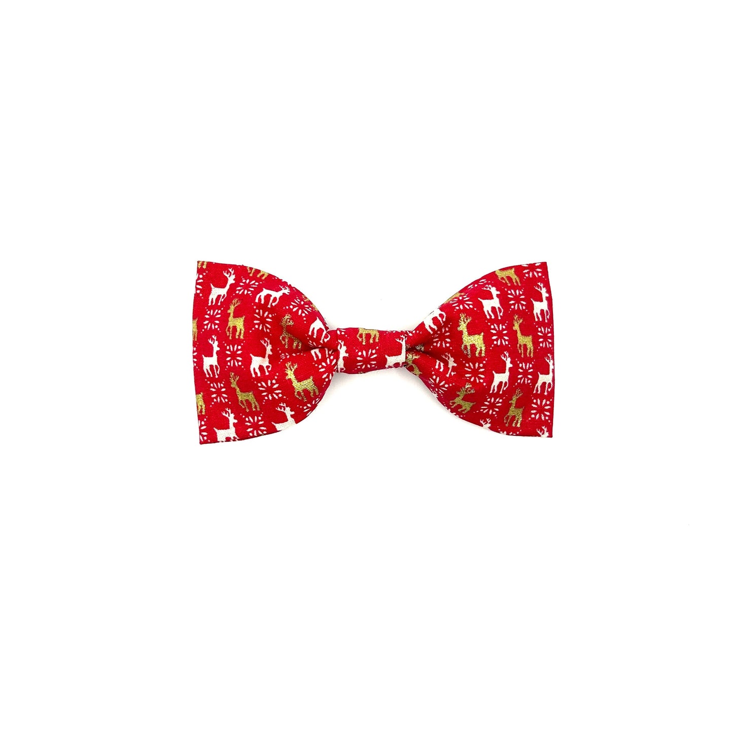 A red dog bowtie with a white and gold reindeer print, designed to slip over a matching collar. handmade in uk by Barkley and Fetch