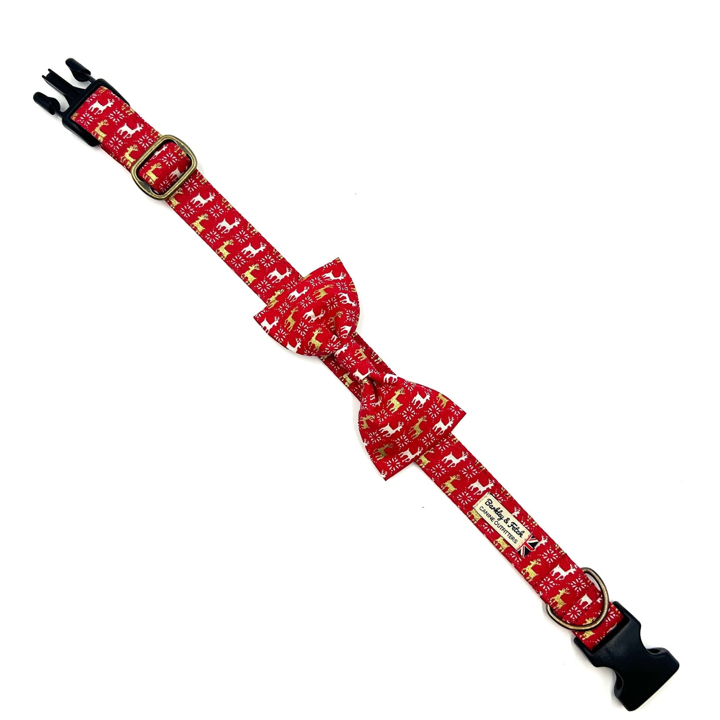 Red dog collar with gold reindeer pattern on a white background handmade in uk by Barkley and Fetch