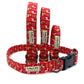Dog collar, lead, and tag set with reindeer design on a red background handmade in uk by Barkley and Fetch