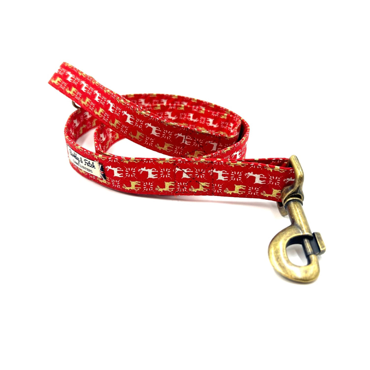 Red dog leash with gold pattern on a white background handmade in uk by Barkley and Fetch