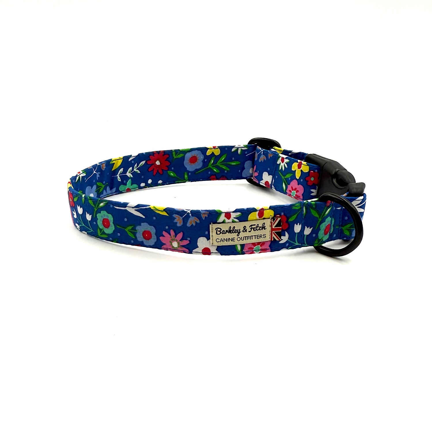 Floral-patterned dog collar with a brand label on a white background