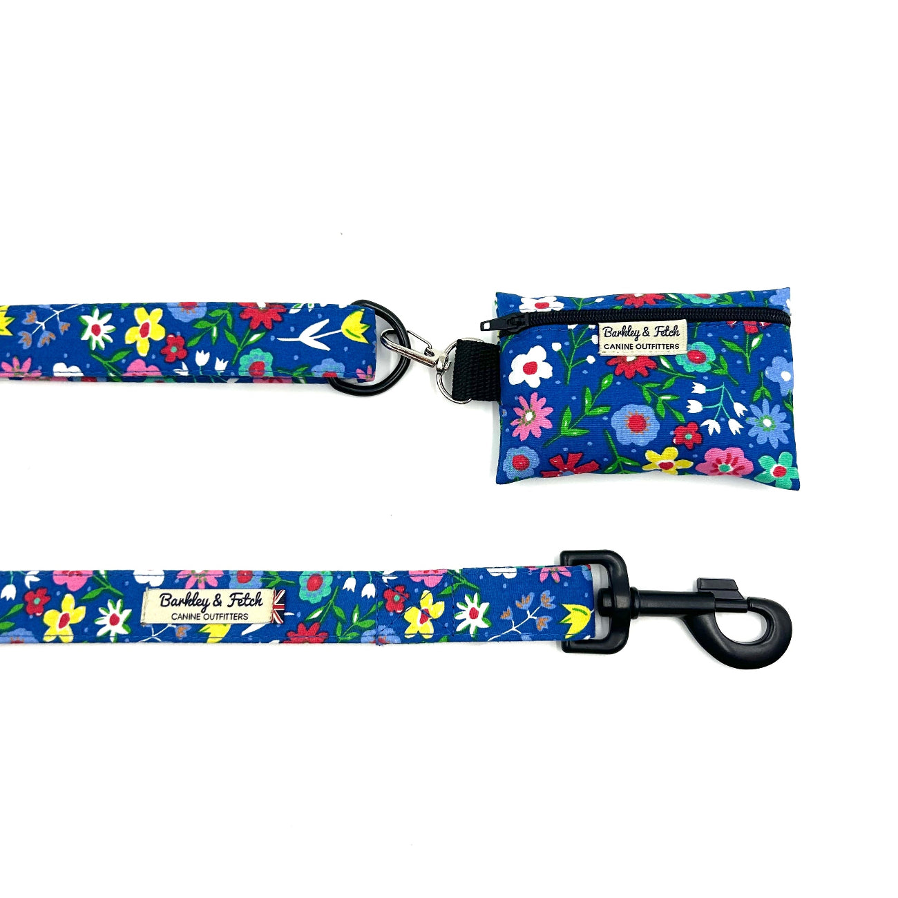 Floral-patterned dog leash and pouch on a white background