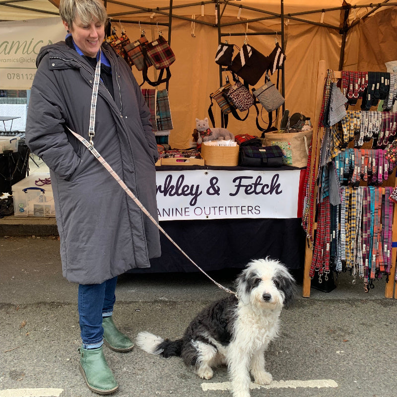 Woman with a dog standing in front of a 'Barkley & Fetch' pet store stand.