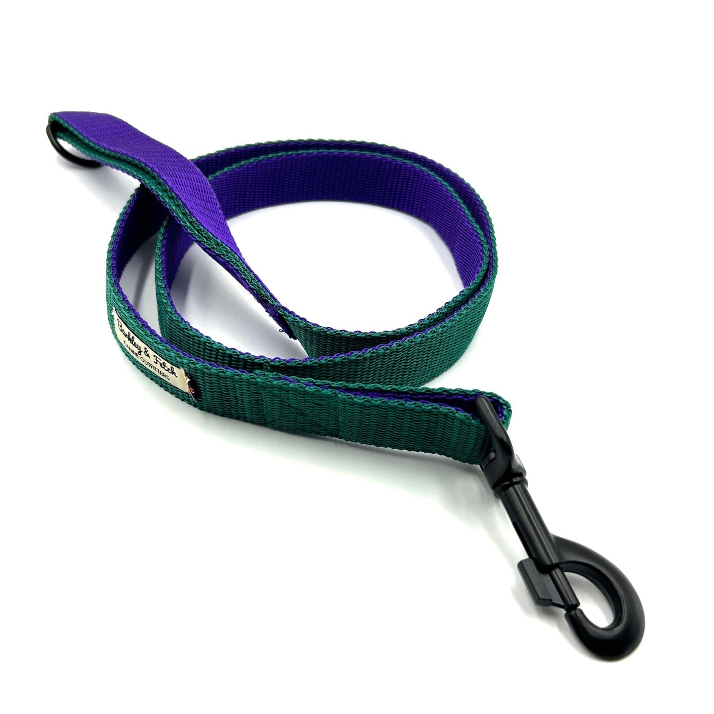 Green and purple dog leash with a black clip on a white background handmade in the UK by Barkley And Fetch