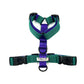 Green and purple dog harness with a visible brand label on a white background handmade in the UK by Barkley And Fetch