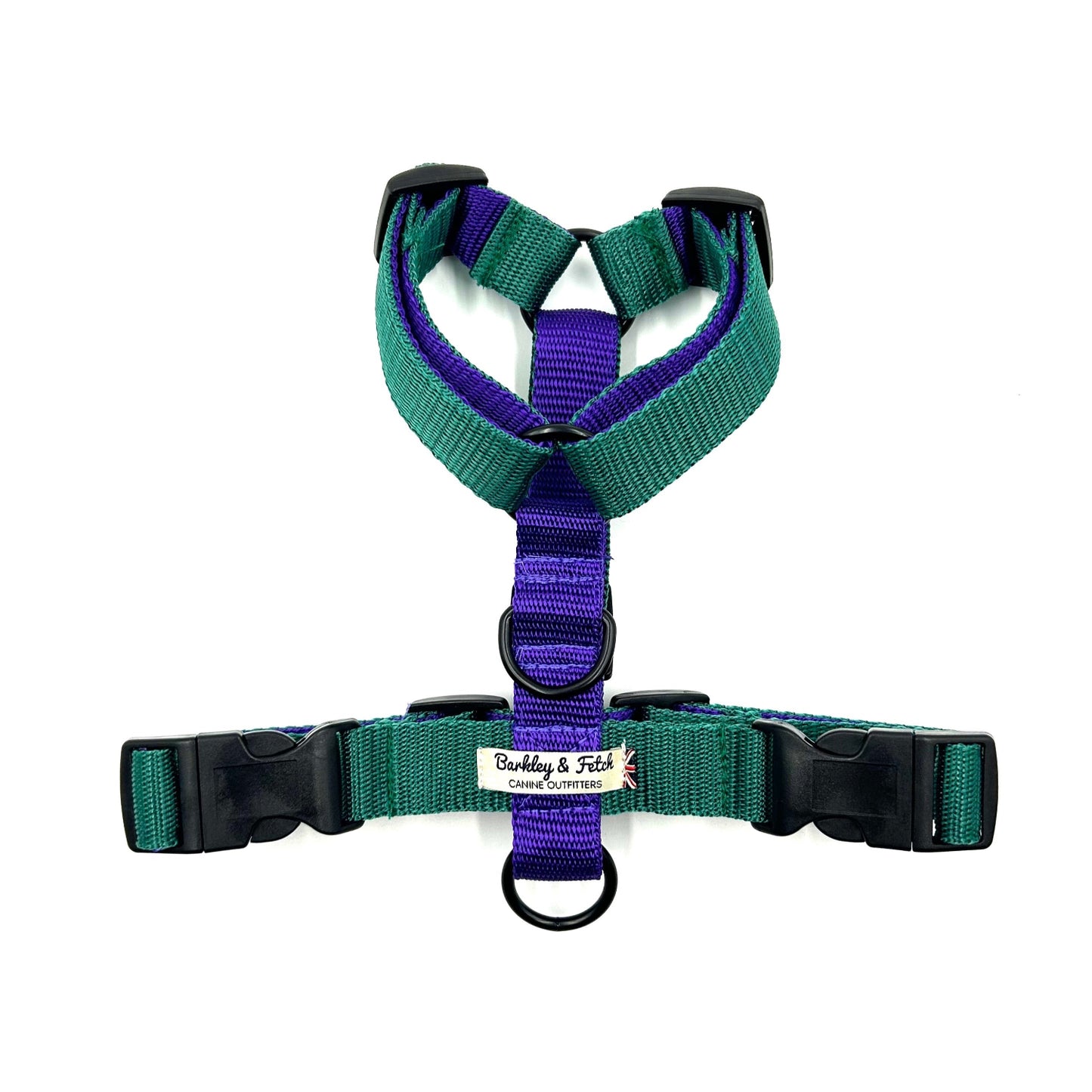 Green and purple dog harness with a visible brand label on a white background handmade in the UK by Barkley And Fetch