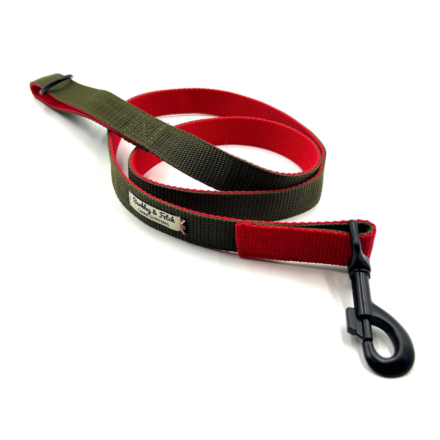 Dog leash with green and red design on a white background handmade in the UK by Barkley And Fetch