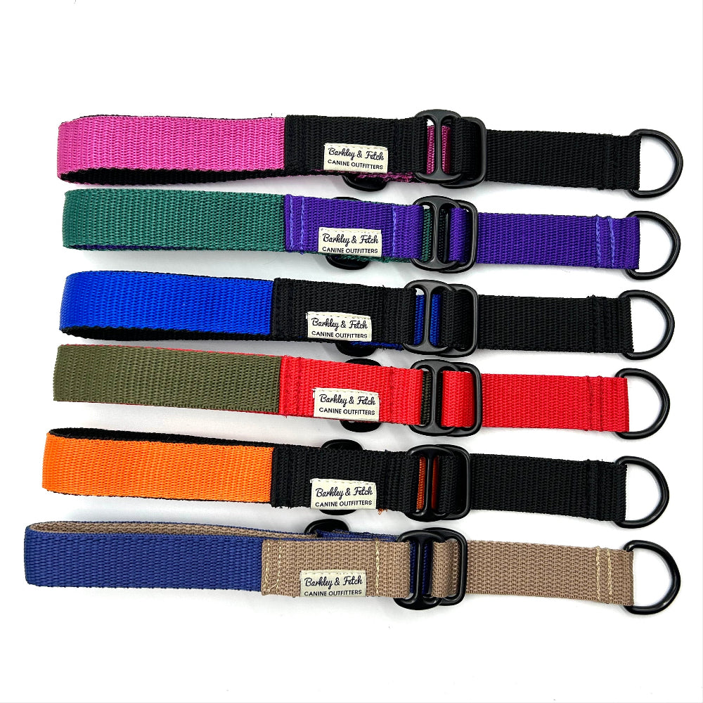 Set of colorful dog collars with visible brand name on a white background handmade by barkley and fetch uk