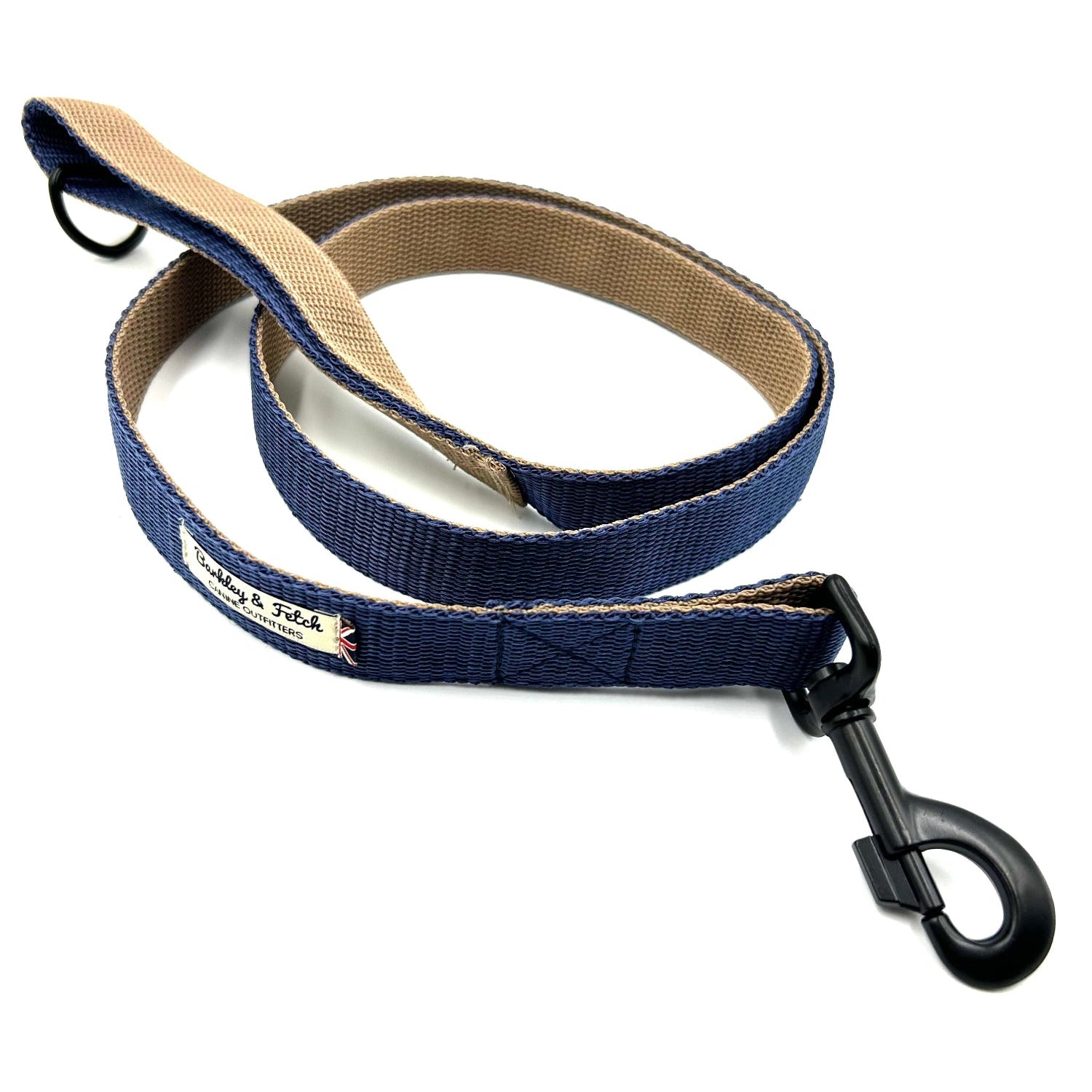 Blue dog leash with beige handle on a white background handmade in the UK by Barkley And Fetch