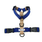 Dog harness with blue and beige straps on a white background handmade in the UK by Barkley And Fetch