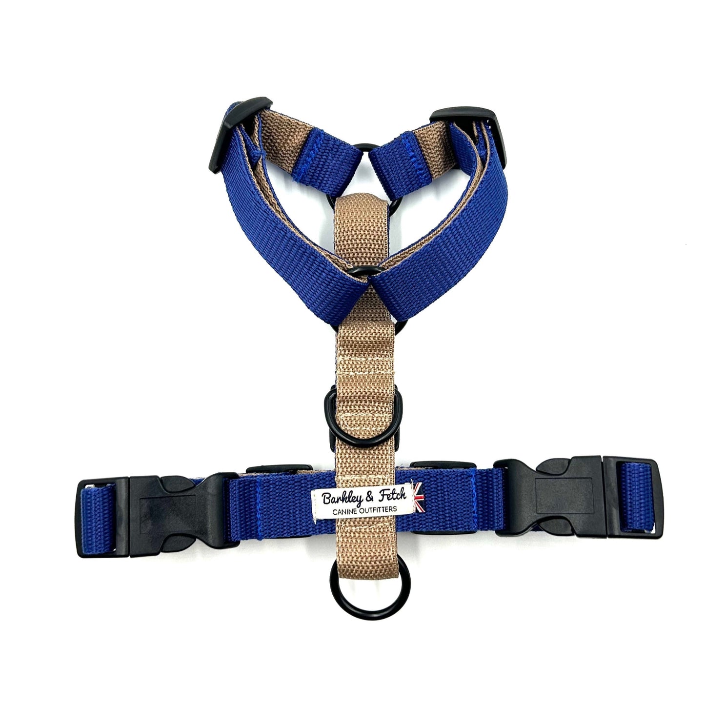 Dog harness with blue and beige straps on a white background handmade in the UK by Barkley And Fetch
