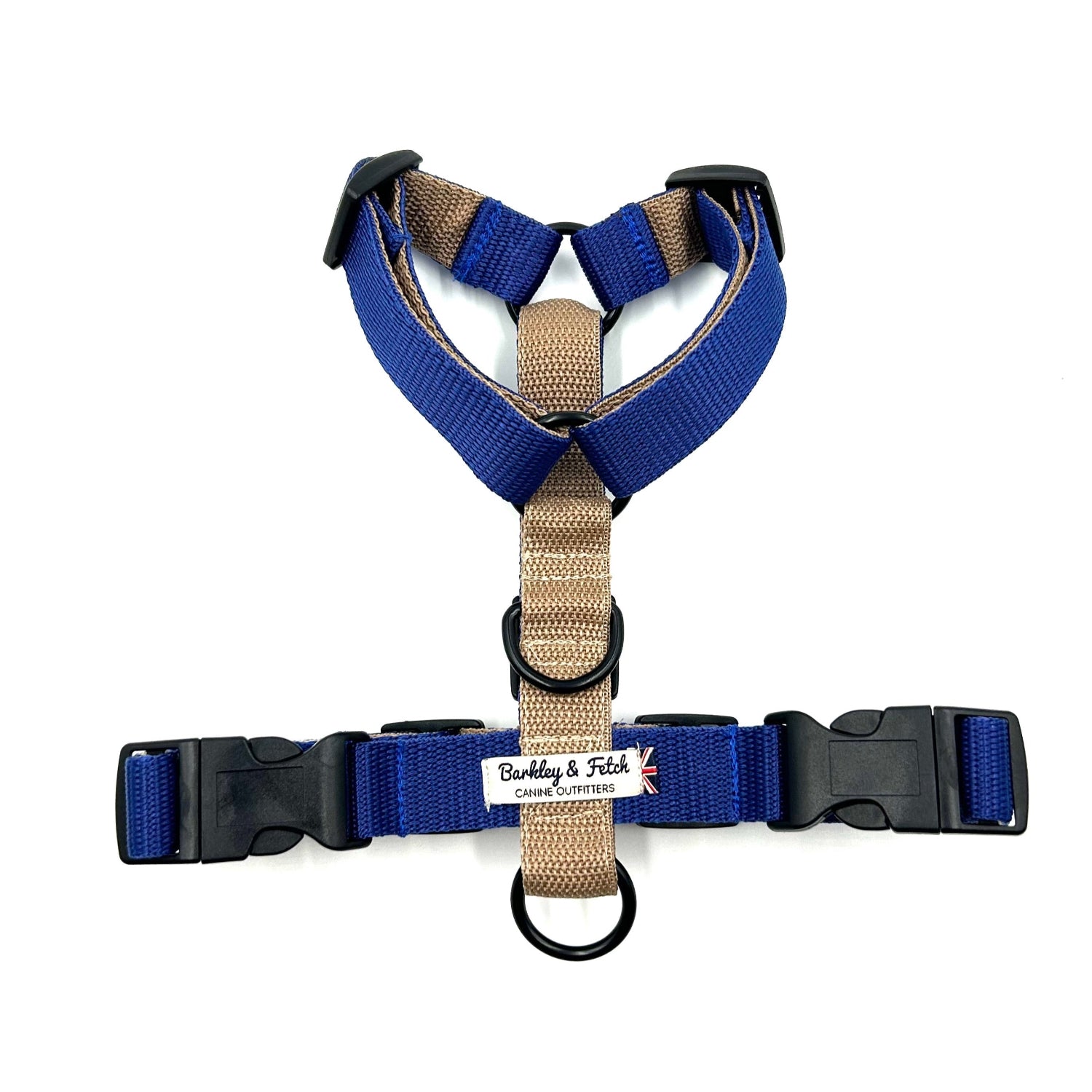 Dog harness with blue and beige straps on a white background handmade in the UK by Barkley And Fetch