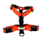 Orange dog harness with black straps on a white background handmade in the UK by Barkley And Fetch