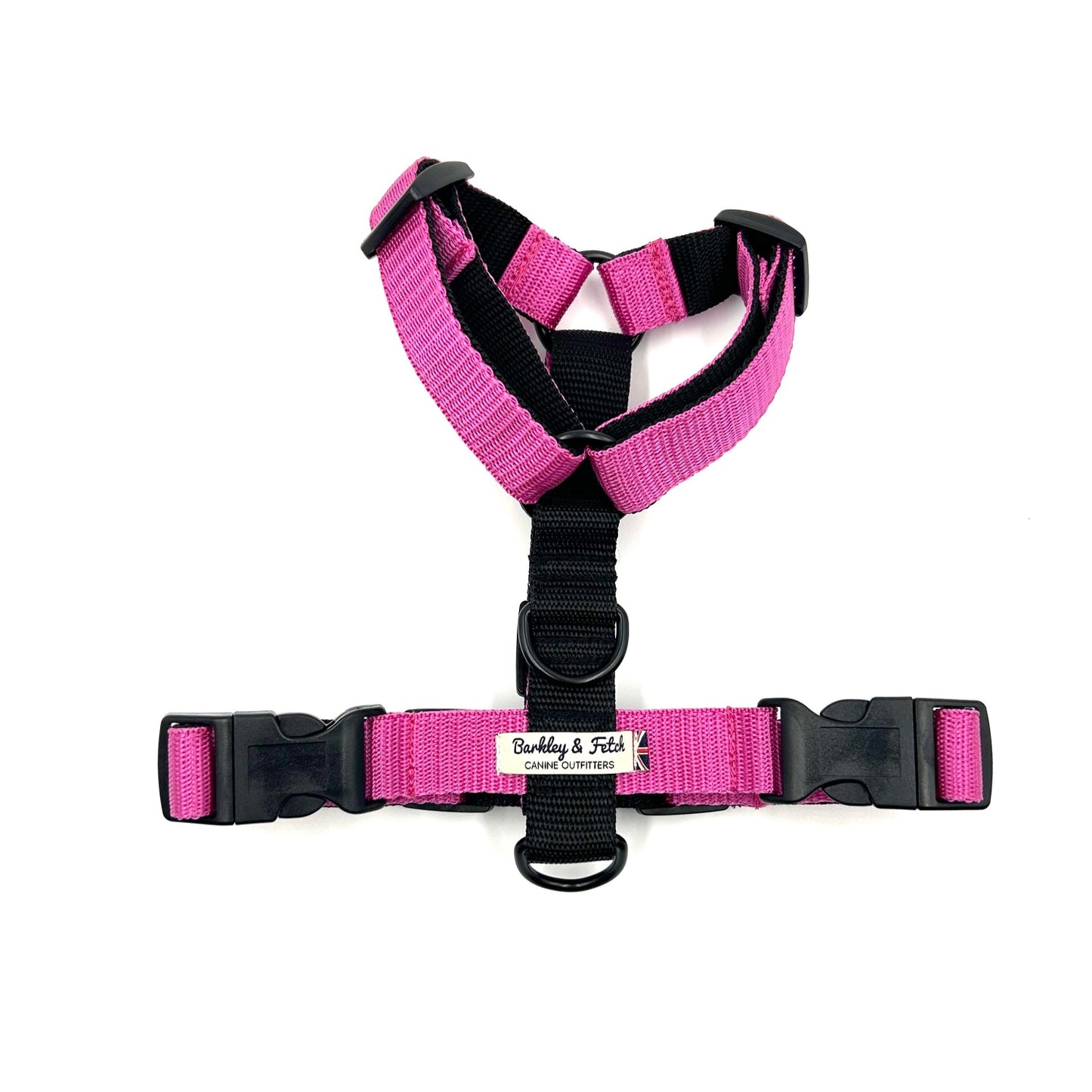 Pink dog harness with black buckles on a white background handmade in the UK by Barkley And Fetch