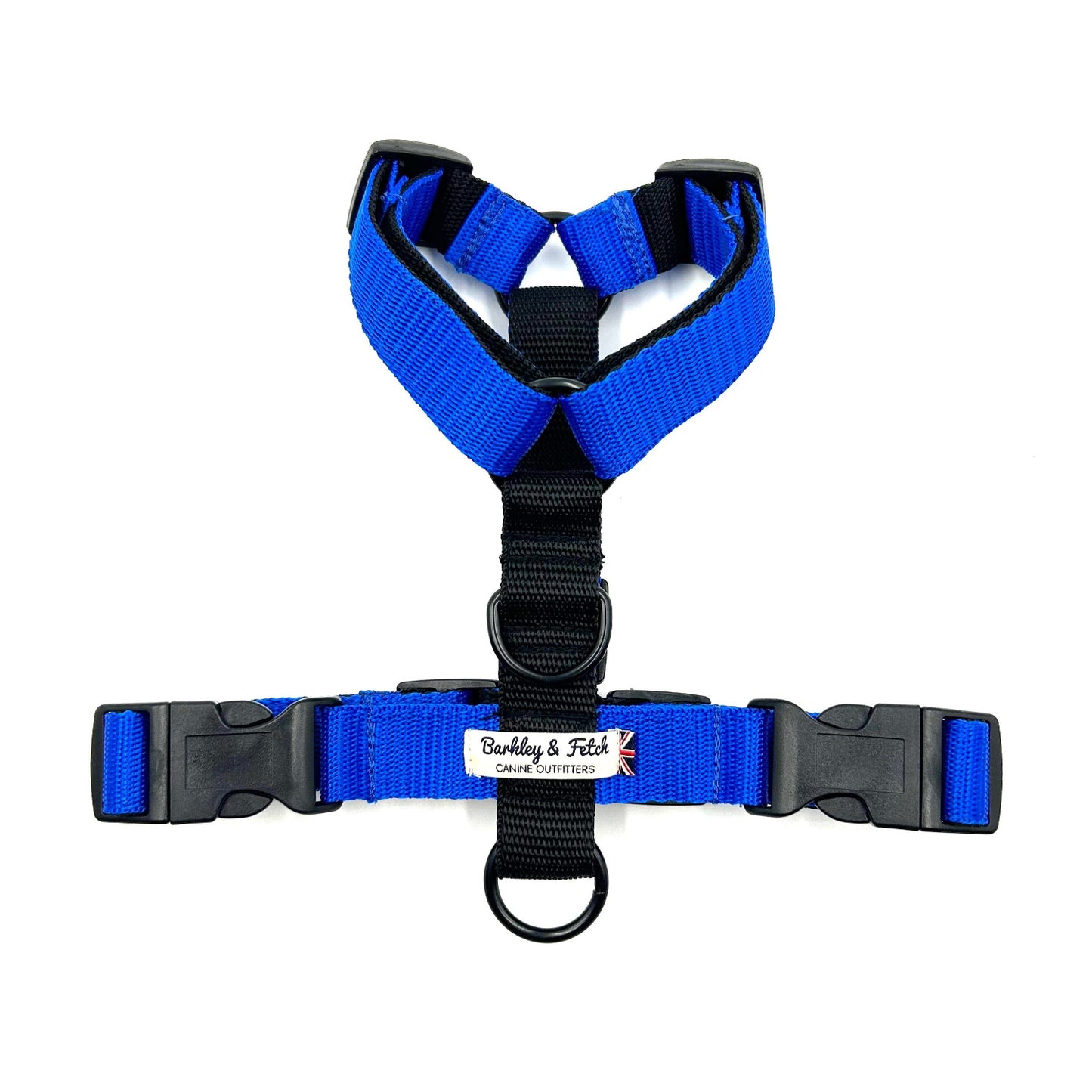 Blue dog harness with black buckles on a white background handmade in the UK by Barkley And Fetch