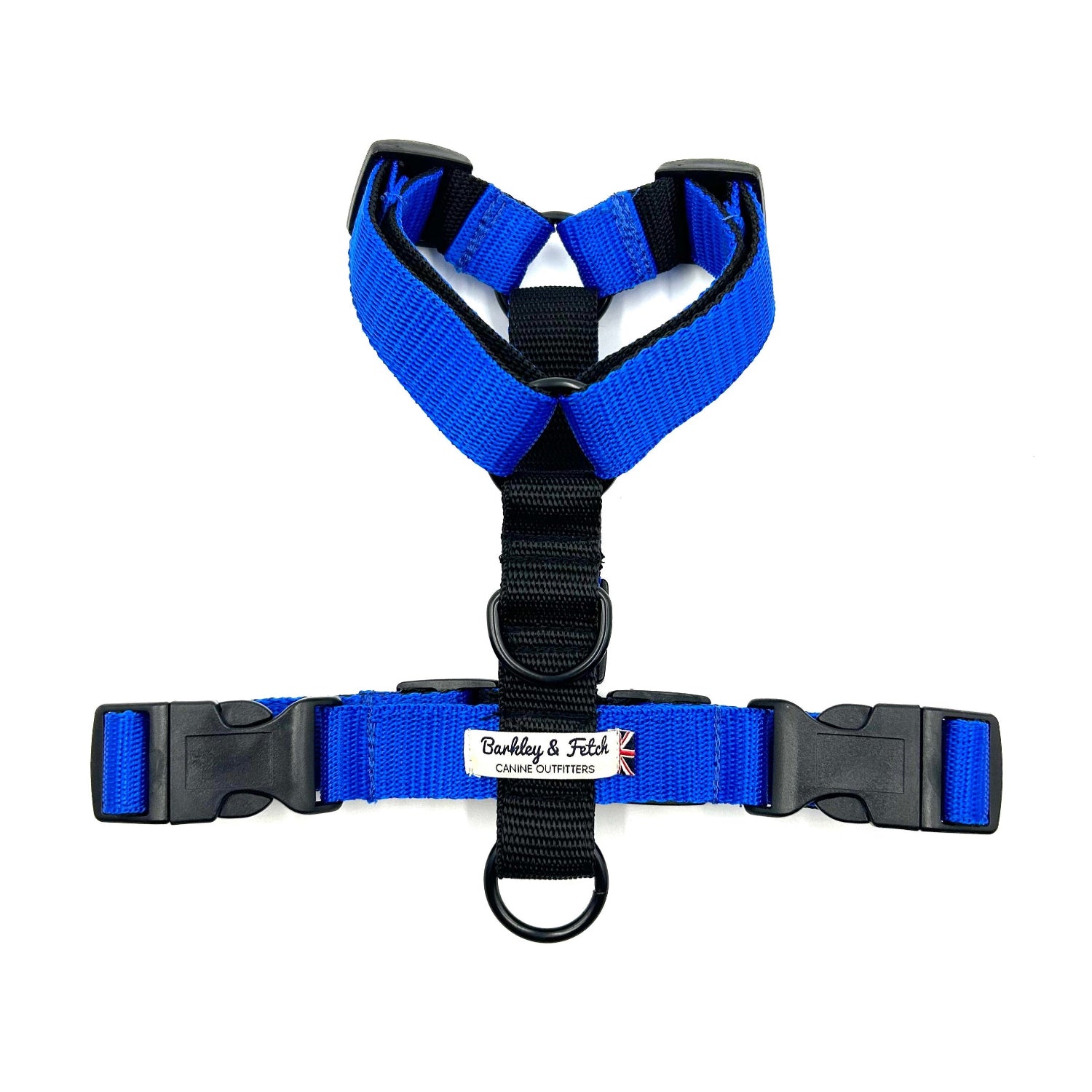 Blue dog harness with black buckles on a white background handmade in the UK by Barkley And Fetch