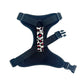 back of  dog harness with a decorative red and white buckle on a white background