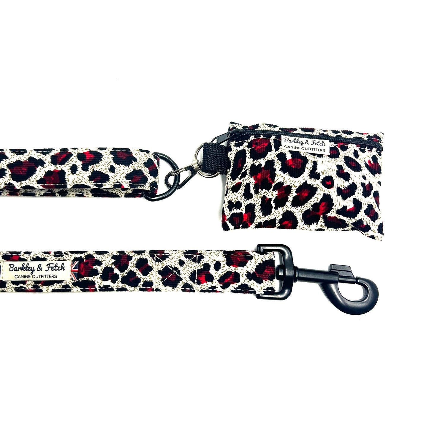 Leopard print dog leash and bag set with visible brand name on a white background