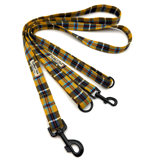 Plaid dog leash with black clip on a white background