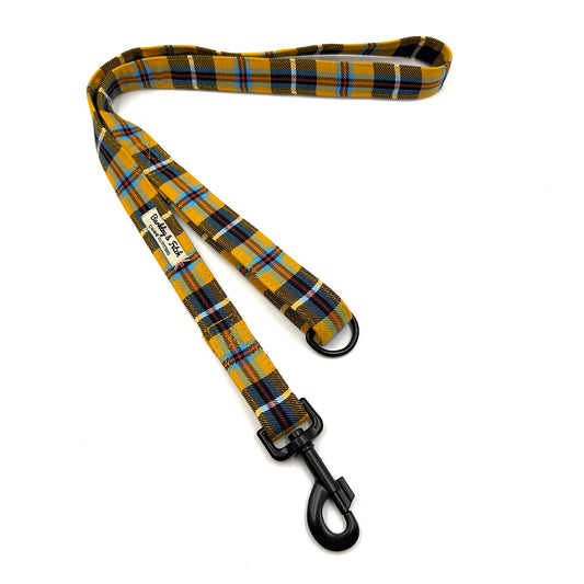 Plaid patterned dog leash with a clip on a white background