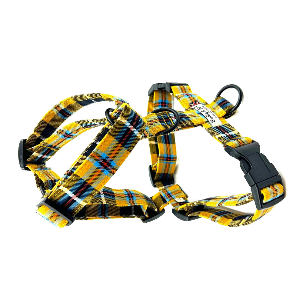Yellow and black plaid dog harness on a white background handmade in uk by barkley and fetch