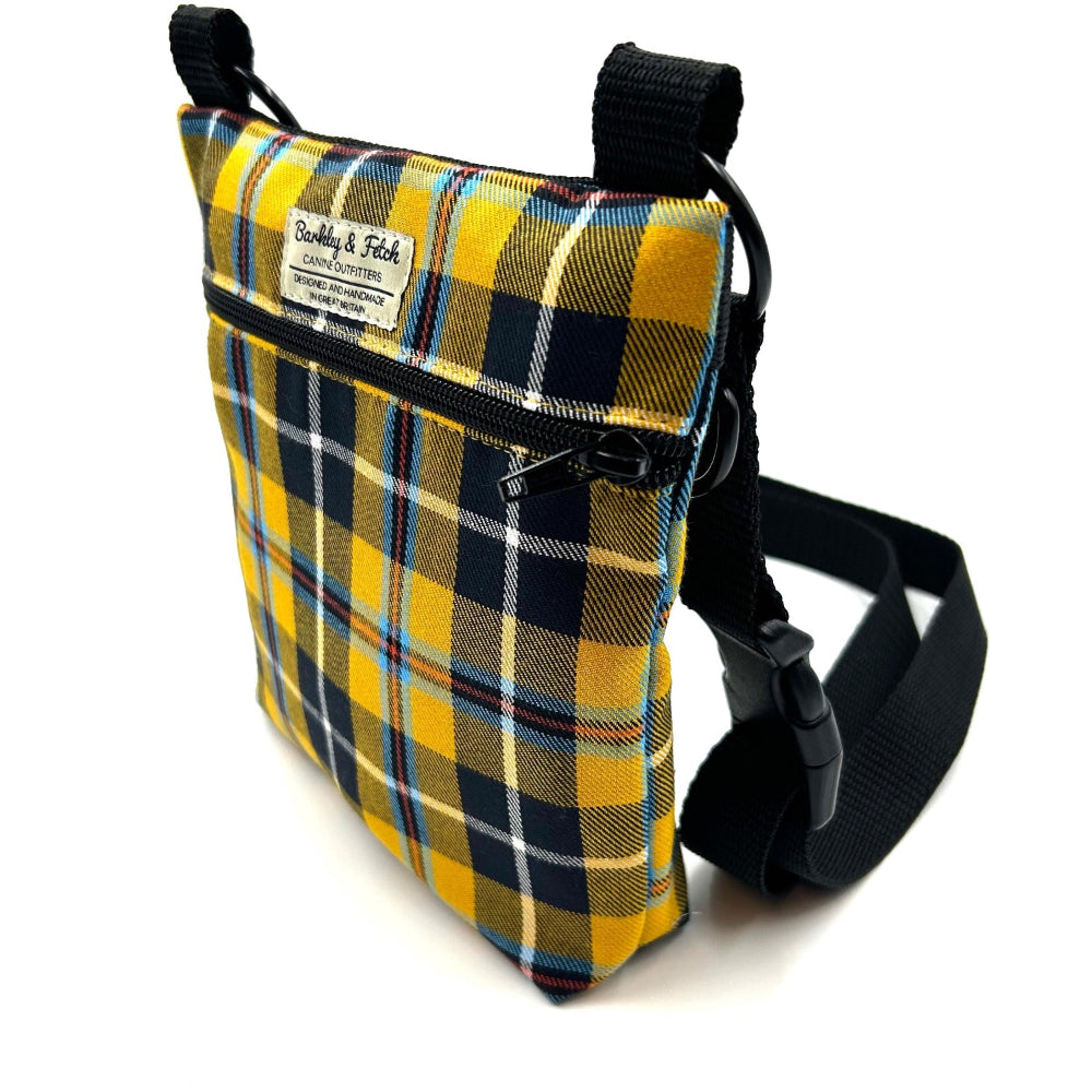Yellow and black plaid bag with a strap on a white background handmade in uk by barkley and fetch